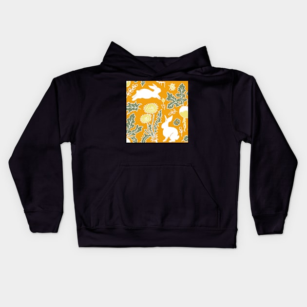 white rabbits in the vegetable garden on marigold background Kids Hoodie by colorofmagic